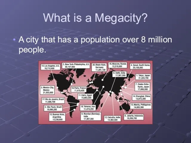 What is a Megacity? A city that has a population over 8 million people.