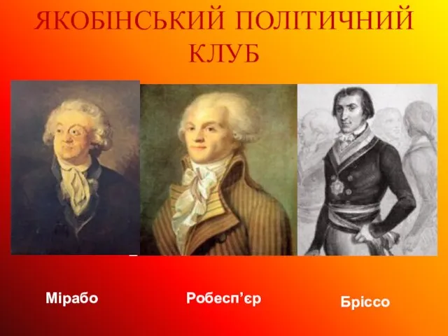 ЯКОБІНСЬКИЙ ПОЛІТИЧНИЙ КЛУБ Мірабо Робесп’єр Бріссо