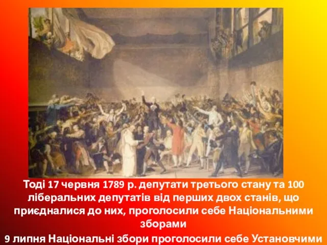 Тоді 17 червня 1789 р. депутати третього стану та 100 ліберальних депутатів
