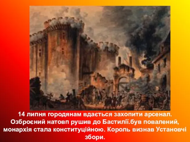 14 липня городянам вдається захопити арсенал. Озброєний натовп рушив до Бастилії.був повалений,