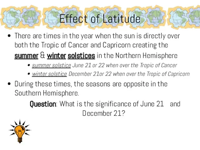 Effect of Latitude There are times in the year when the sun