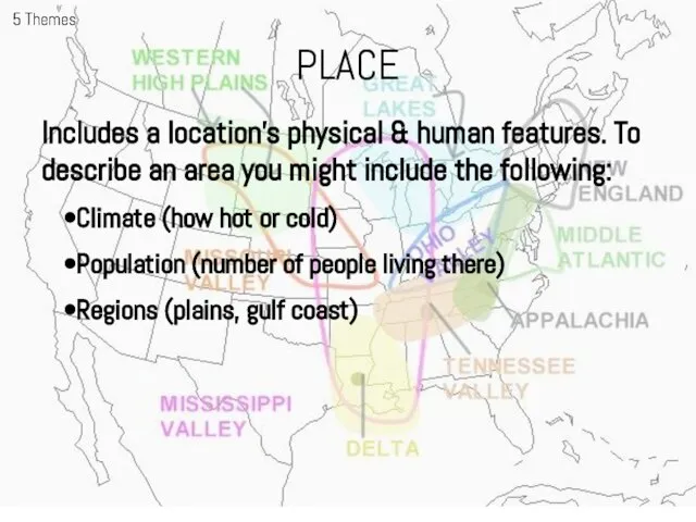 PLACE 5 Themes Includes a location’s physical & human features. To describe