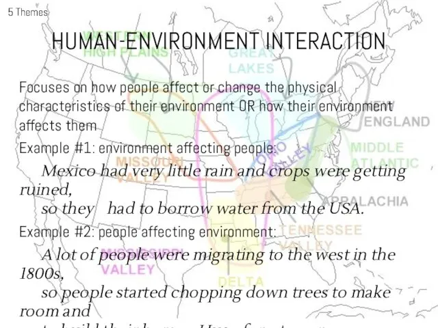 HUMAN-ENVIRONMENT INTERACTION 5 Themes Focuses on how people affect or change the