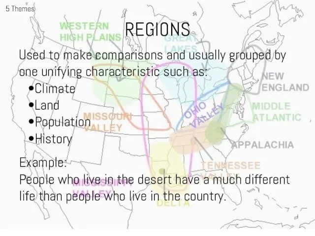 REGIONS 5 Themes Used to make comparisons and usually grouped by one
