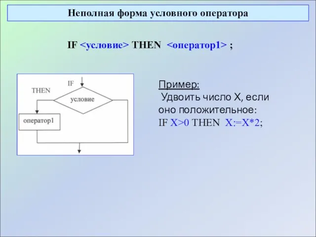 Неполная форма условного оператора IF THEN ; Пример: Удвоить число Х, если