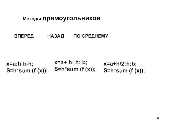 Методы прямоугольников. ВПЕРЕД НАЗАД ПО СРЕДНЕМУ x=a:h:b-h; S=h*sum (f (x)); x=a+ h: