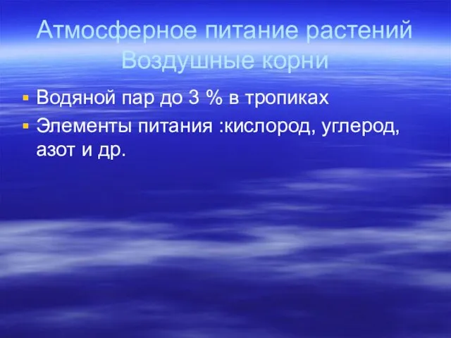 Атмосферное питание растений Воздушные корни Водяной пар до 3 % в тропиках