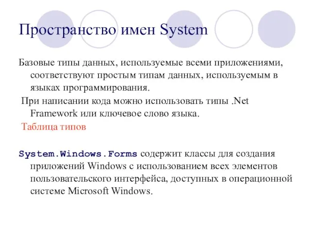 Пространство имен System Базовые типы данных, используемые всеми приложениями, соответствуют простым типам