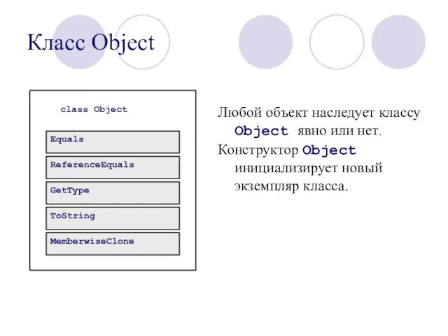 Класс Object Любой объект наследует классу Object явно или нет. Конструктор Object инициализирует новый экземпляр класса.