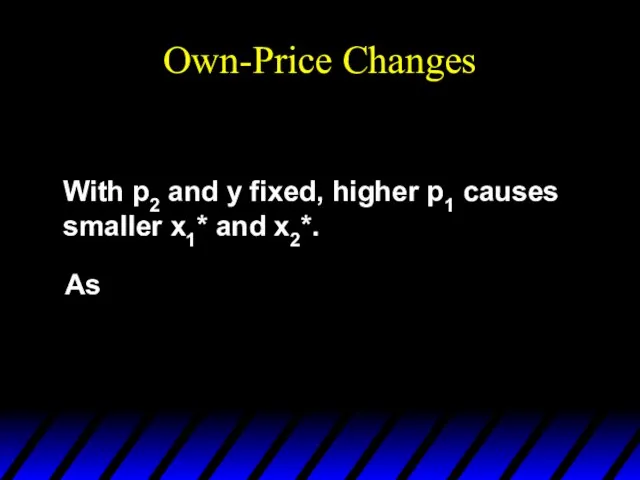 Own-Price Changes With p2 and y fixed, higher p1 causes smaller x1* and x2*. As