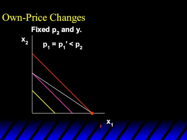 Fixed p2 and y. Own-Price Changes x2 x1 Fixed p2 and y. p1 = p1’ ’