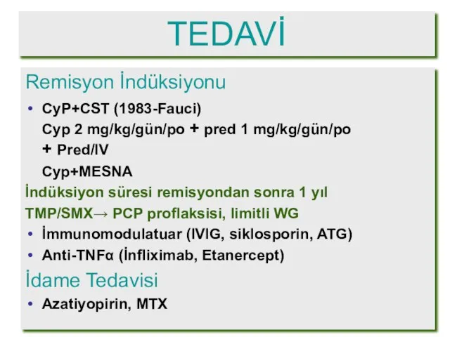 TEDAVİ Remisyon İndüksiyonu CyP+CST (1983-Fauci) Cyp 2 mg/kg/gün/po + pred 1 mg/kg/gün/po