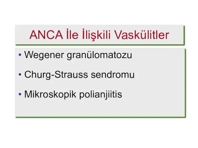ANCA İle İlişkili Vaskülitler Wegener granülomatozu Churg-Strauss sendromu Mikroskopik polianjiitis