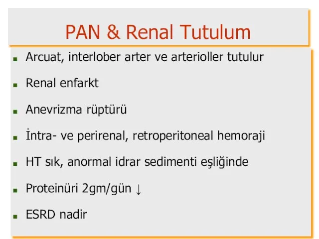 PAN & Renal Tutulum Arcuat, interlober arter ve arterioller tutulur Renal enfarkt