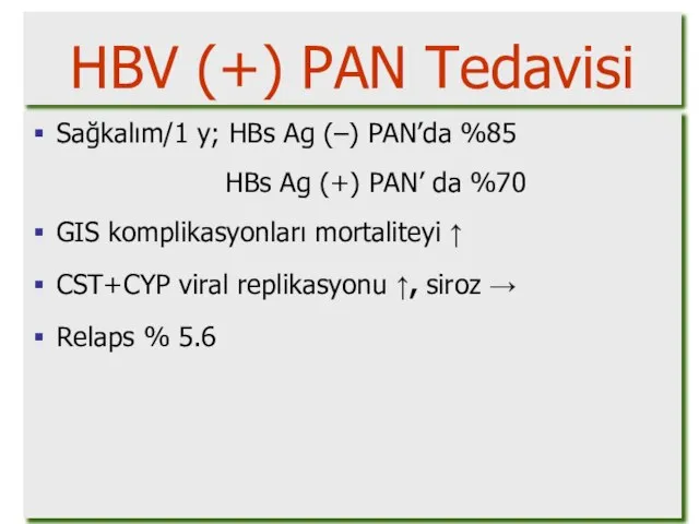 Sağkalım/1 y; HBs Ag (–) PAN’da %85 HBs Ag (+) PAN’ da