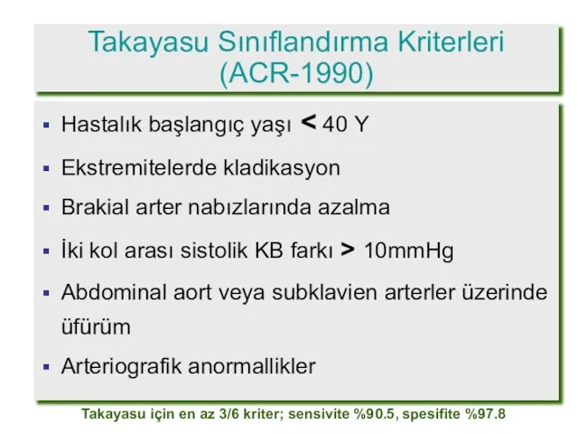 Takayasu Sınıflandırma Kriterleri (ACR-1990) Hastalık başlangıç yaşı Ekstremitelerde kladikasyon Brakial arter nabızlarında