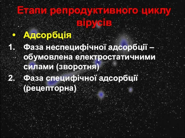 Етапи репродуктивного циклу вірусів Адсорбція Фаза неспецифічної адсорбції – обумовлена електростатичними силами