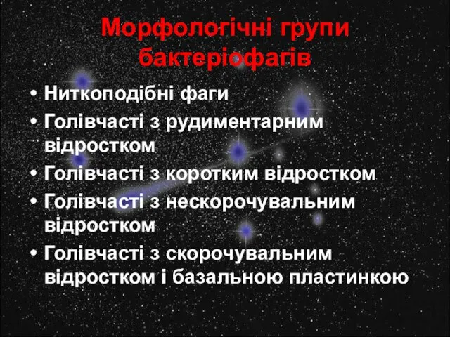 Морфологічні групи бактеріофагів Ниткоподібні фаги Голівчасті з рудиментарним відростком Голівчасті з коротким