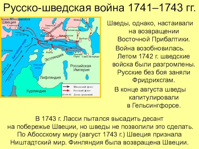 Русско-шведская война 1741–1743 гг. Шведы, однако, настаивали на возвращении Восточной Прибалтики. Война