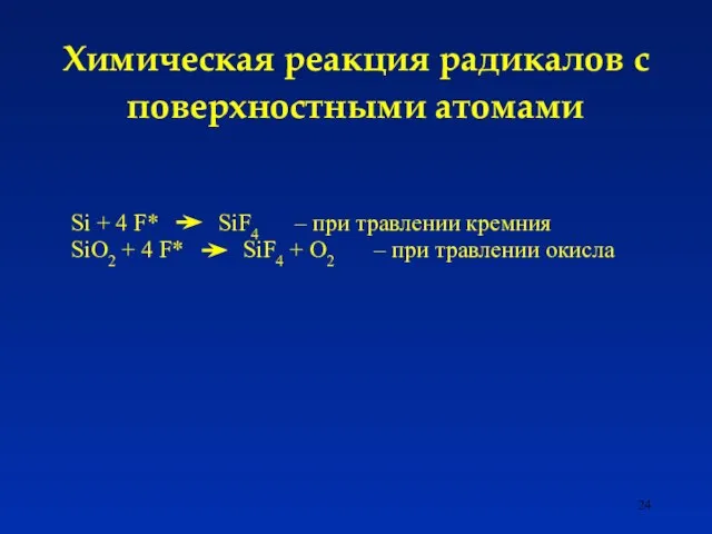 Химическая реакция радикалов с поверхностными атомами Si + 4 F* SiF4 –