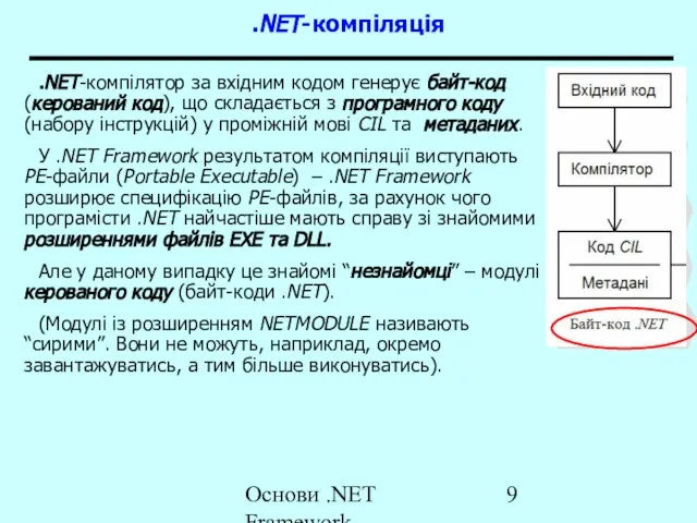 Основи .NET Framework .NET-компіляція .NET-компілятор за вхідним кодом генерує байт-код (керований код),