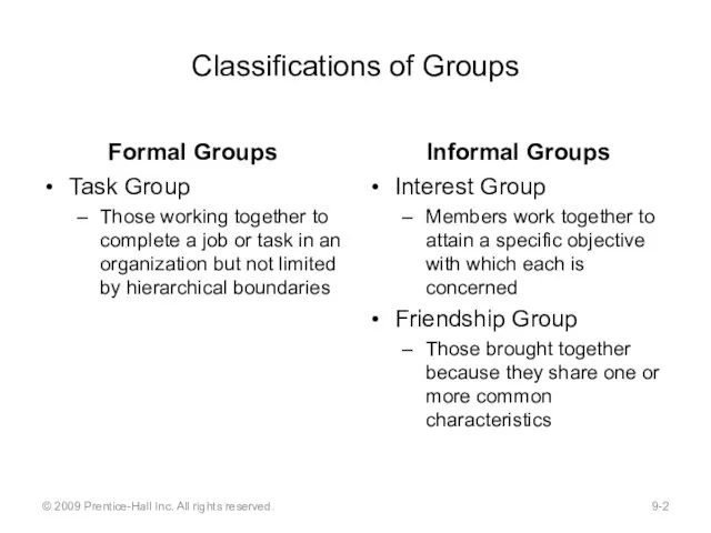 Classifications of Groups Formal Groups Task Group Those working together to complete