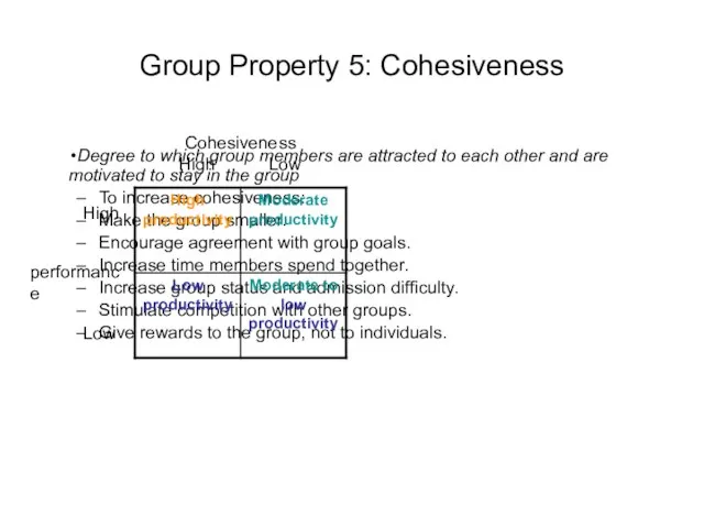 Group Property 5: Cohesiveness Degree to which group members are attracted to