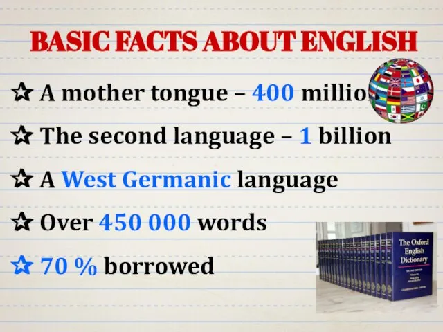 BASIC FACTS ABOUT ENGLISH ✰ A mother tongue – 400 million ✰