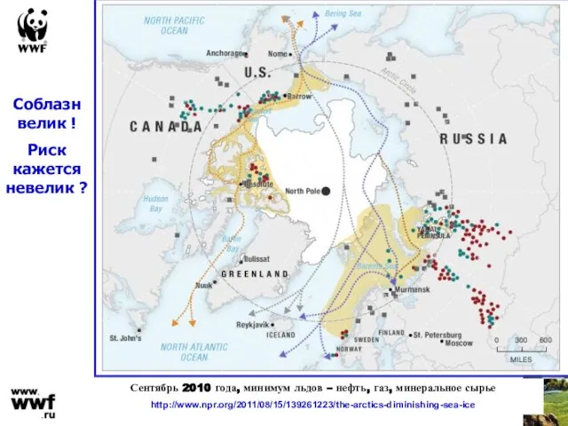 Сентябрь 2010 года, минимум льдов – нефть, газ, минеральное сырье http://www.npr.org/2011/08/15/139261223/the-arctics-diminishing-sea-ice Соблазн