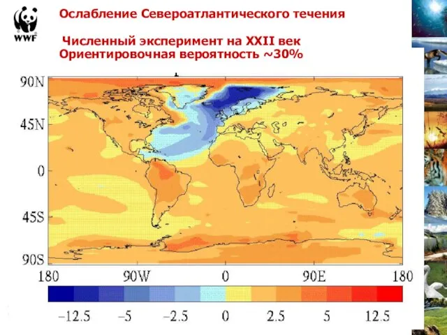 Ослабление Североатлантического течения Численный эксперимент на XXII век Ориентировочная вероятность ~30%