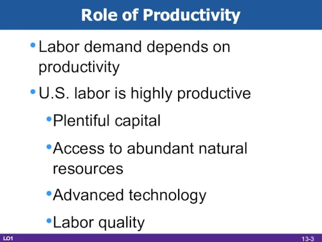 Role of Productivity Labor demand depends on productivity U.S. labor is highly