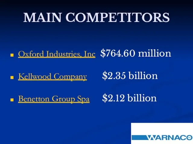 MAIN COMPETITORS Oxford Industries, Inc $764.60 million Kellwood Company $2.35 billion Benetton Group Spa $2.12 billion
