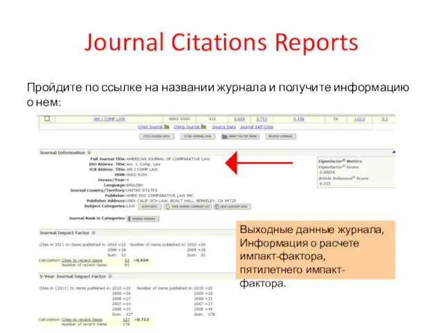 Journal Citations Reports Пройдите по ссылке на названии журнала и получите информацию