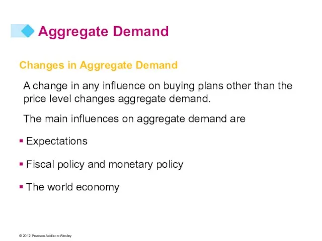 Aggregate Demand Changes in Aggregate Demand A change in any influence on