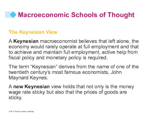 Macroeconomic Schools of Thought The Keynesian View A Keynesian macroeconomist believes that