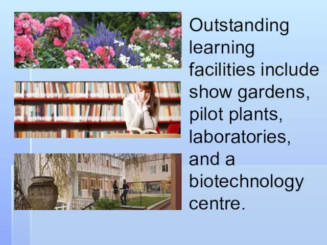 Outstanding learning facilities include show gardens, pilot plants, laboratories, and a biotechnology centre.