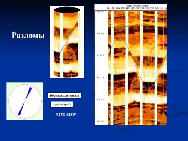 Разломы TD: 62/304 Normal fault Striking: N25E-S25W Нормальный разлом простирание