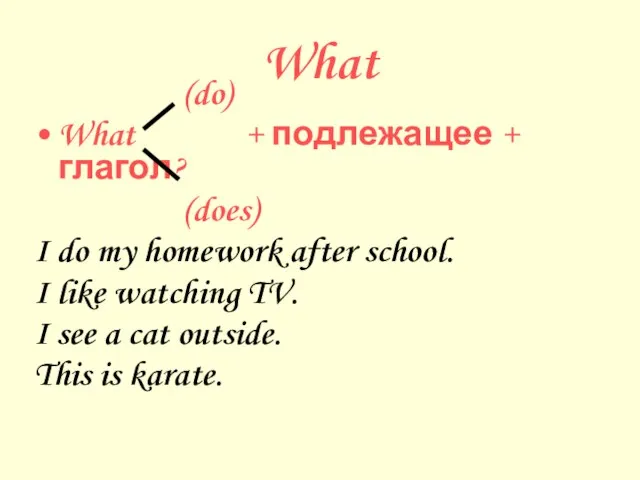 What (do) What + подлежащее + глагол? (does) I do my homework