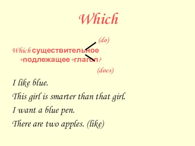 Which (do) Which существительное +подлежащее+глагол? (does) I like blue. This girl is