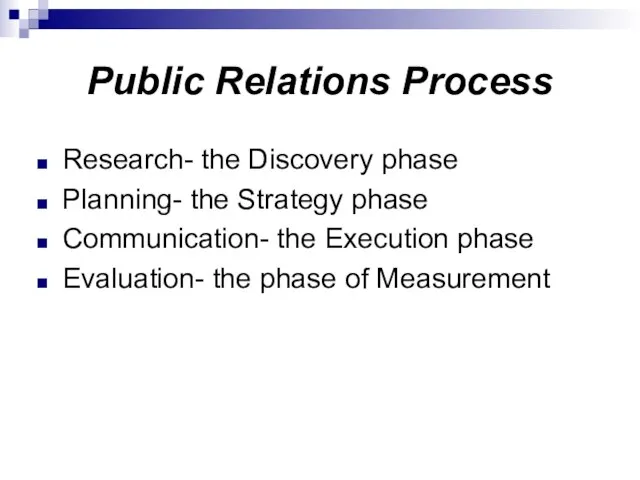 Public Relations Process Research- the Discovery phase Planning- the Strategy phase Communication-