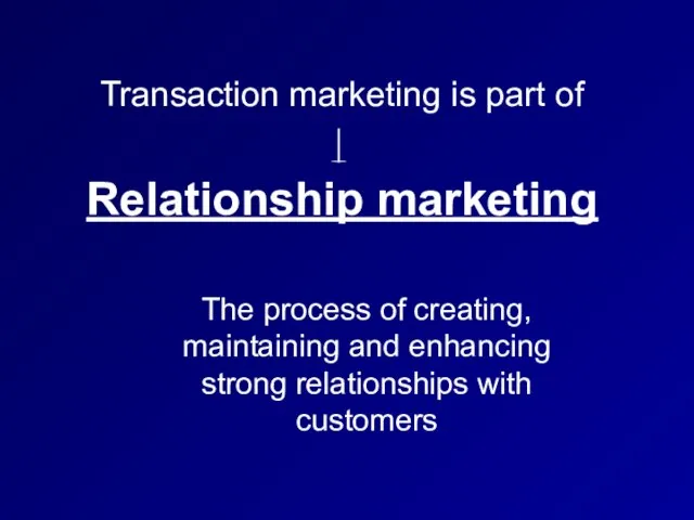 Transaction marketing is part of Relationship marketing The process of creating, maintaining