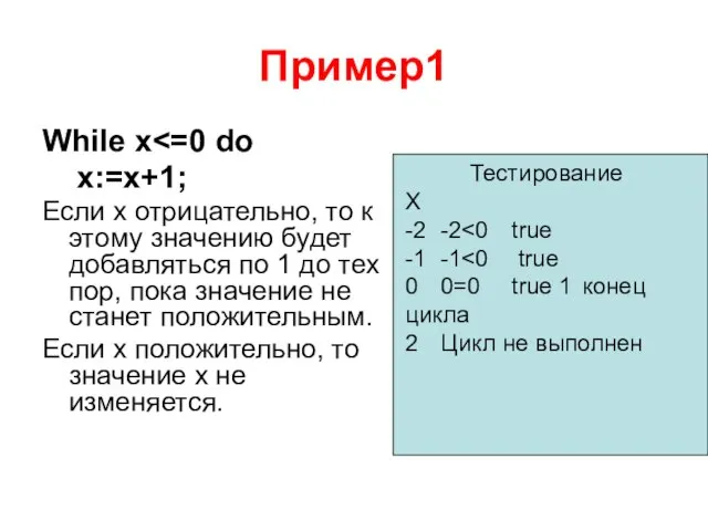 Пример1 While x x:=x+1; Если x отрицательно, то к этому значению будет