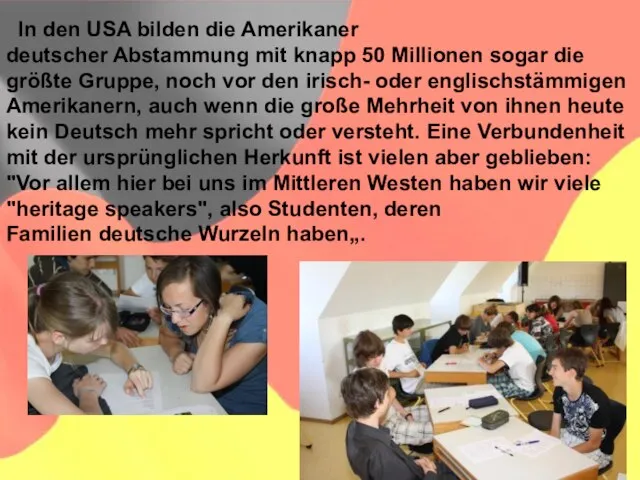 In den USA bilden die Amerikaner deutscher Abstammung mit knapp 50 Millionen