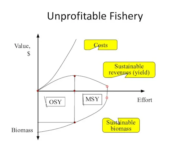 Unprofitable Fishery Value, $ Effort Biomass Costs Sustainable revenues (yield) Sustainable biomass MSY OSY