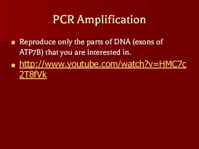 PCR Amplification Reproduce only the parts of DNA (exons of ATP7B) that