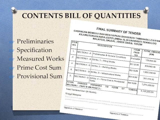 Last Updated:* Preliminaries Specification Measured Works Prime Cost Sum Provisional Sum CONTENTS BILL OF QUANTITIES