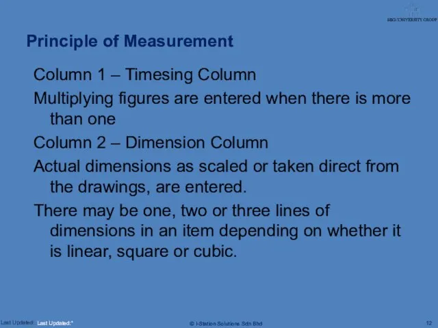 Principle of Measurement Column 1 – Timesing Column Multiplying figures are entered