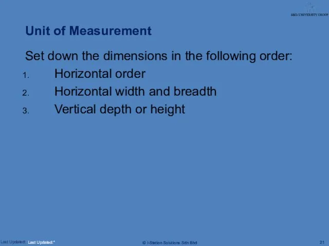 Unit of Measurement Set down the dimensions in the following order: Horizontal