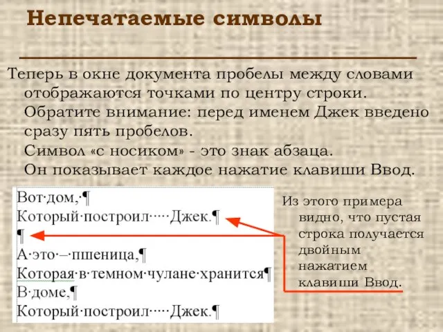 Непечатаемые символы Теперь в окне документа пробелы между словами отображаются точками по