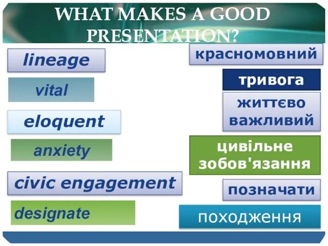 WHAT MAKES A GOOD PRESENTATION? designate vital lineage civic engagement eloquent anxiety